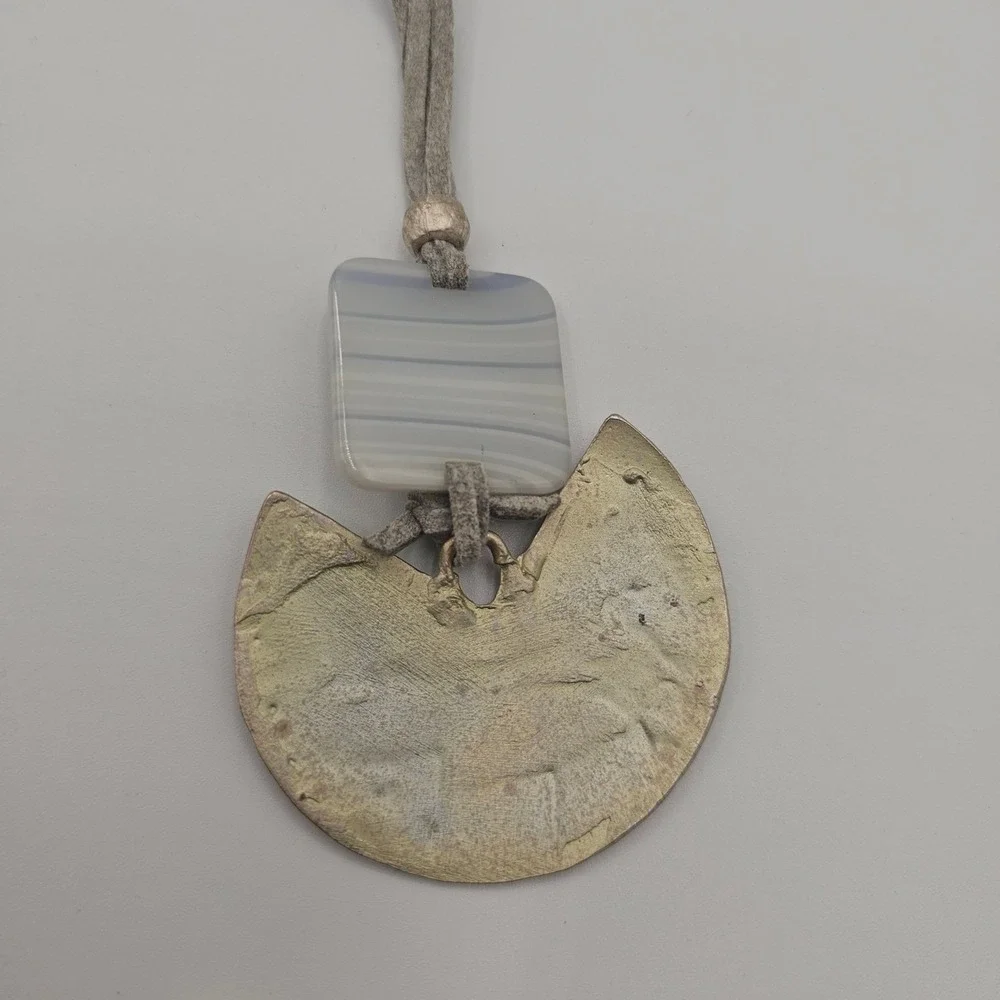 Handmade‎ Pendant Necklace Gray Glass Metal Suede Cord Geometric Boho